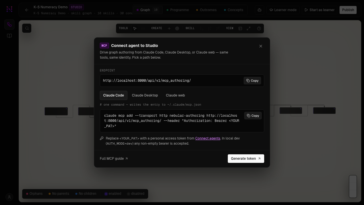 Studio Connect agent to Studio dialog: MCP endpoint, the claude mcp add command, and a Generate token button