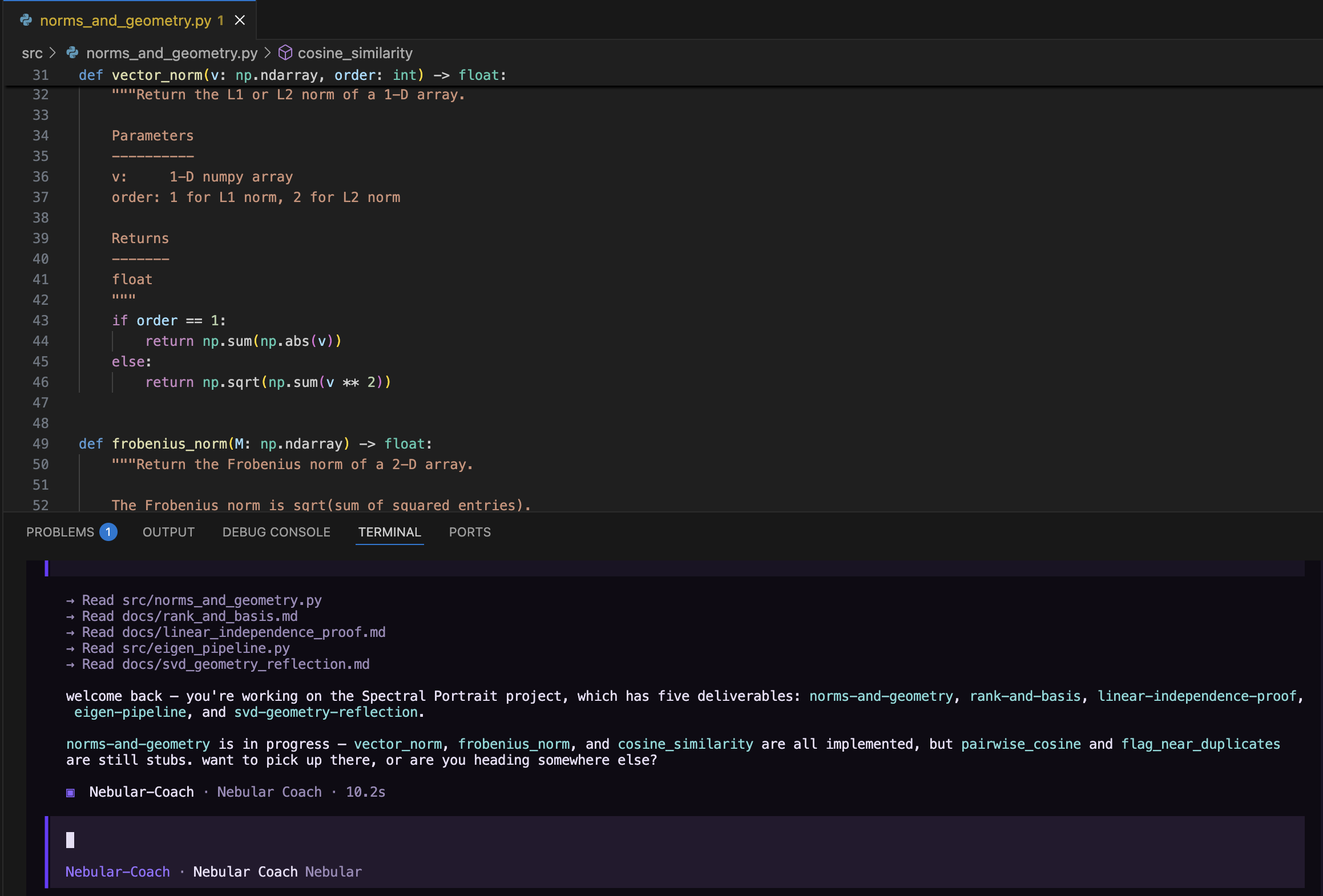 VSCode with norms_and_geometry.py open above a terminal where the Nebular coach welcomes the user back to the Spectral Portrait project, lists its five deliverables, summarises which are implemented and which are still stubs, and offers to pick up where the user left off.