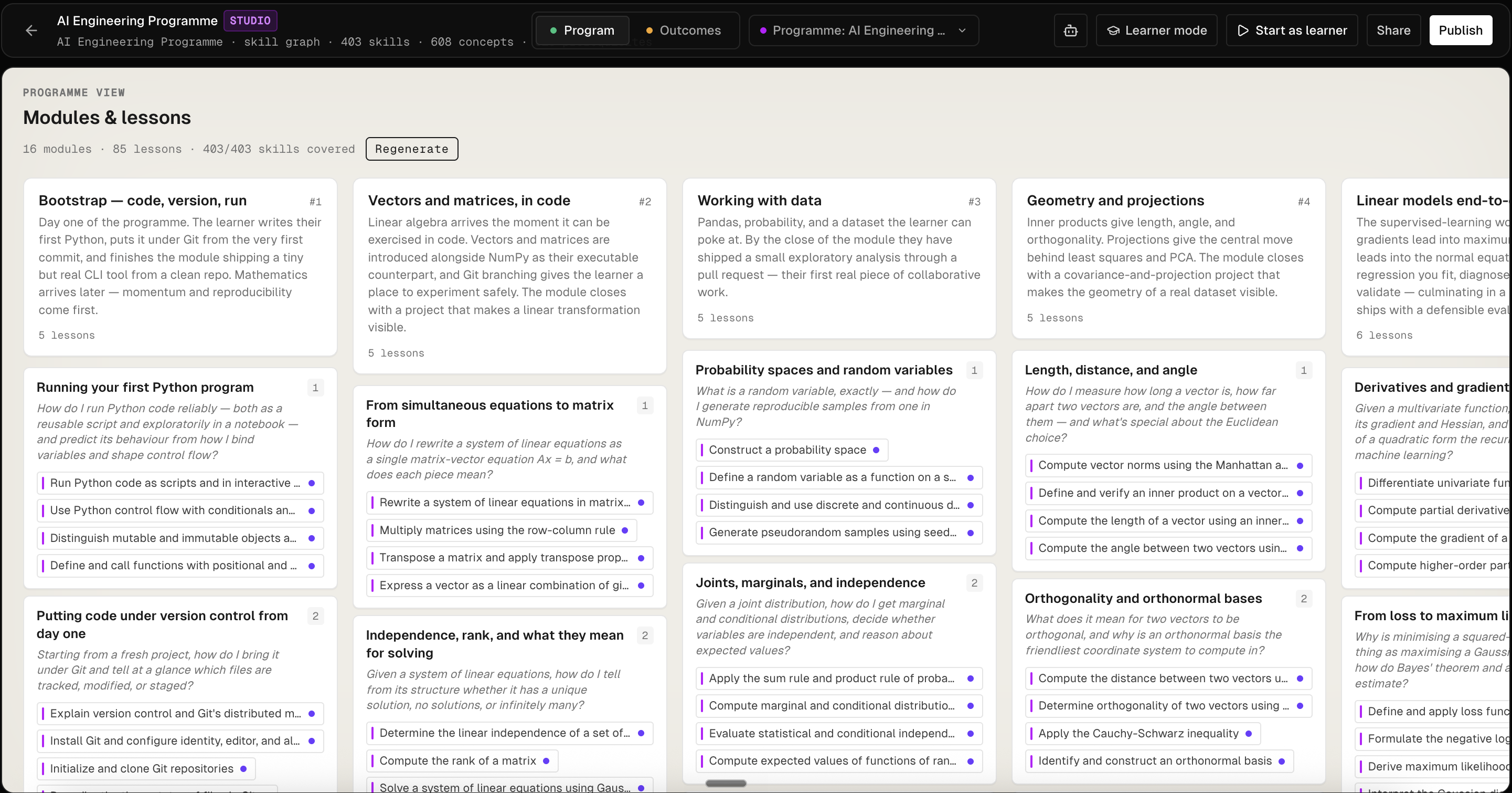 Nebular Studio Program view of the AI Engineering Programme showing modules — Bootstrap, Vectors and matrices in code, Working with data, Geometry and projections, Linear models end-to-end — each with their lessons listed.
