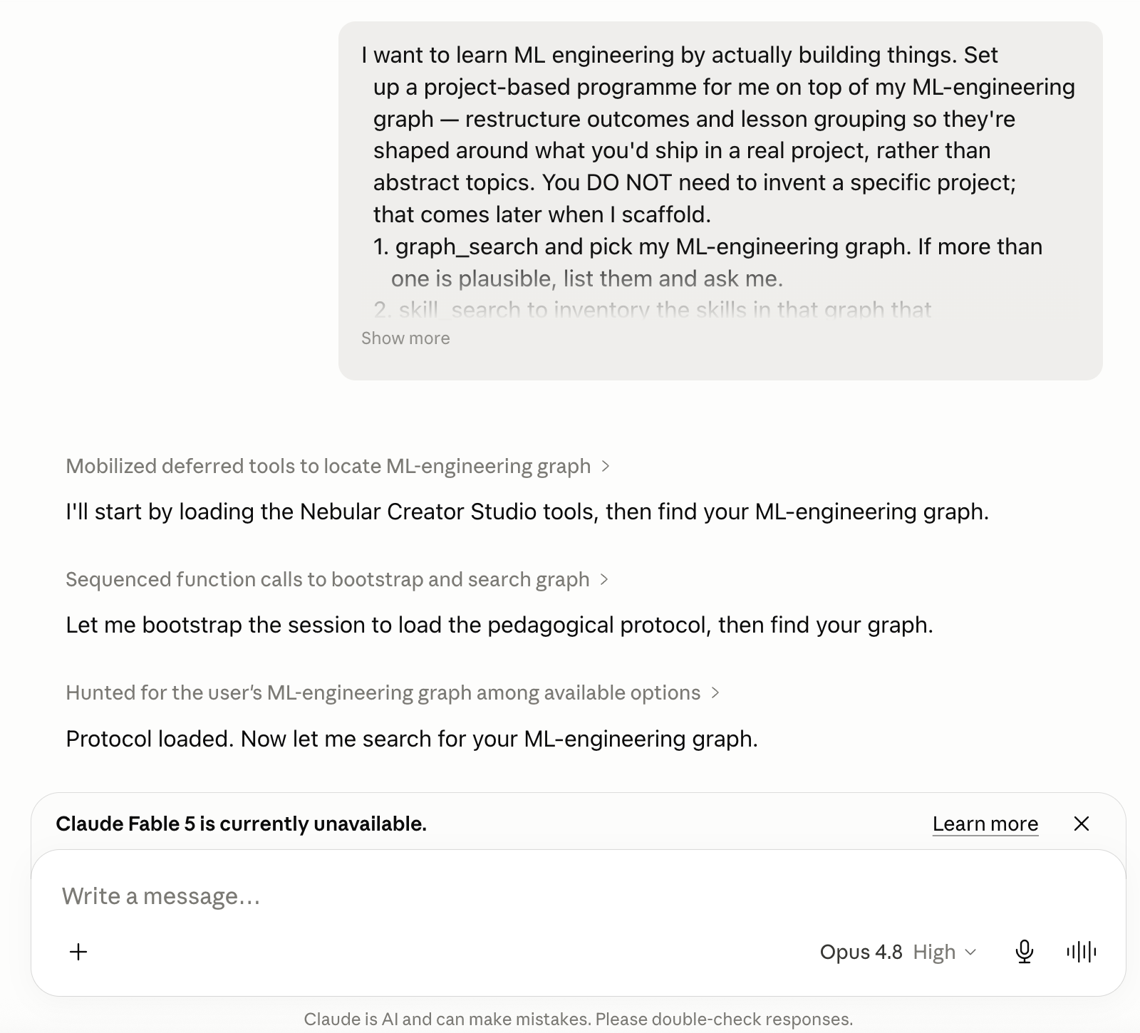 Claude Desktop chat with the project-based programme prompt at the top and a chain of inline tool calls underneath — bootstrap, graph search, skill search.