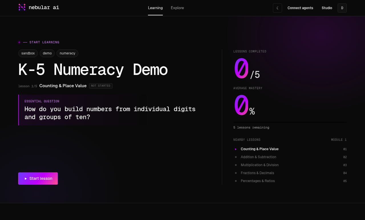 Learner dashboard: a continue-learning card for the next lesson, the module list, and progress