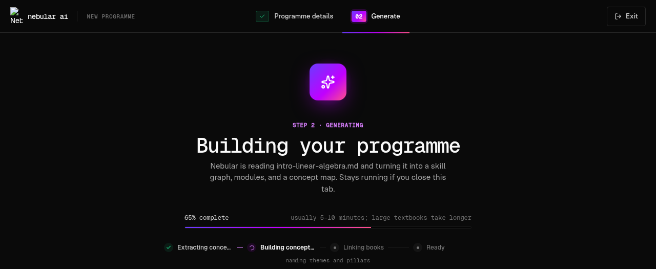 Studio generate step: a Building your programme panel with a progress bar and live extraction stages