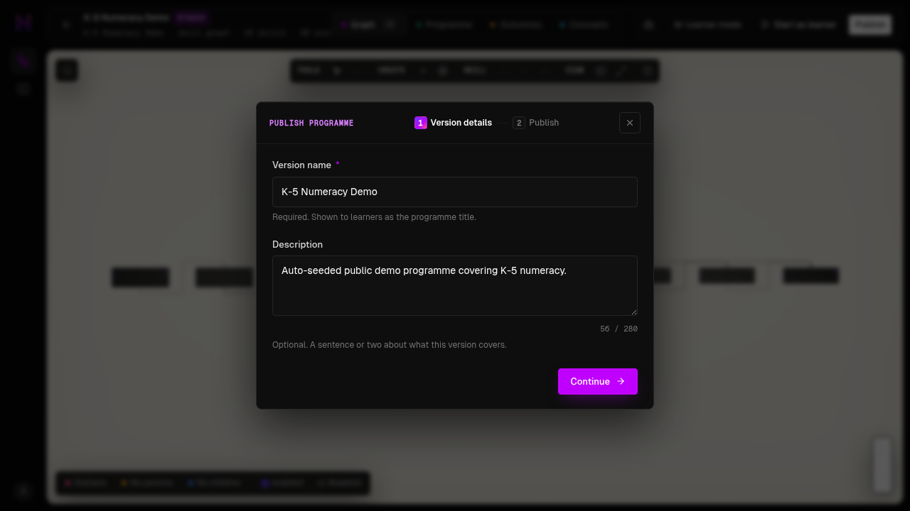 Studio publish wizard: version name and description for the new published programme version