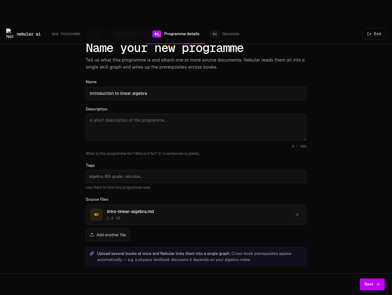 Studio new-programme wizard, step 1: name field and a source-file dropzone with a markdown file attached
